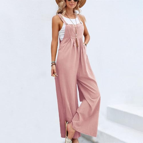 Image of Kubbon Womens Wide Leg Jumpsuits Sleeveless Straps Bib Overalls Summer Baggy Casual Pants Rompers Overalls with Pockets