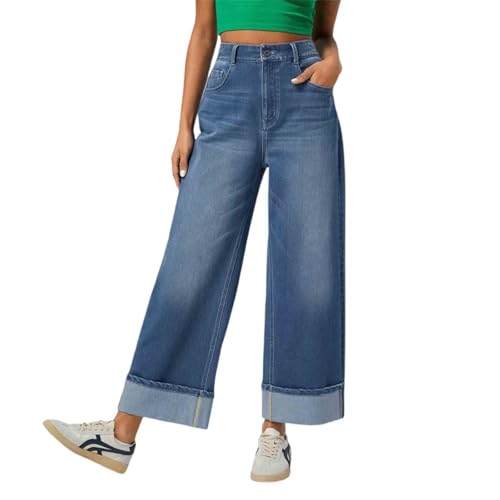 Women's Retro Casual Wide Leg Pants with Rolled Hem Straight Leg Jeans high Waisted Jeans for Women