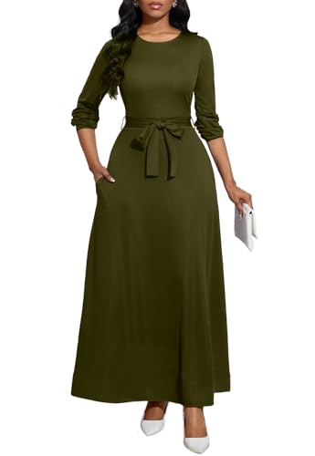 Image of BubFee Long Dress for Women Casual Long Sleeve Dresses Maxi Dress Empire Waist Loose with Belt