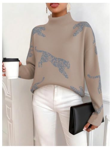 Image of WDIRARA Women's Leopard Tiger Print Sweater High Neck Long Sleeve Fuzzy Knitted Pullover Top