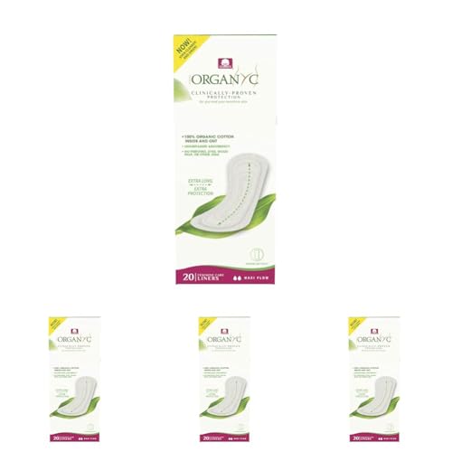 Image of Organyc 100% Certified Organic Cotton Flat Panty Liner - Everyday Sanitary Pad, Free from Wood Pulp, Perfumes, SAP and Chemicals - Maxi Flow, 20 Count (Pack of 4)