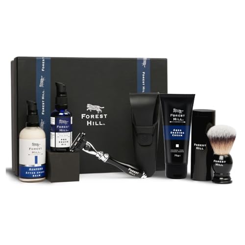 Forest Hill Men Grooming Gift Set Hamper, Pack of 7 Luxury Shaving Kit, Pre Shave Oil 50ml, Aqua Shaving Cream 75g, Ashford Post Shave Balm 100ml, Shaving Razor With Silicone Sleeve, Soft Shaving Brush & Steel Stand
