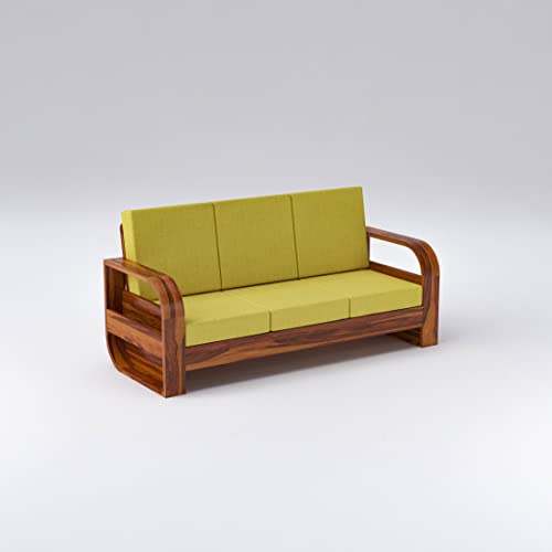 Image of Douceur Furnitures Solid Sheesham Wood 3 Seater Sofas | Three Seater Sofa for Living Room, Cafe, Office | (Honey Teak Cushion Yellow)