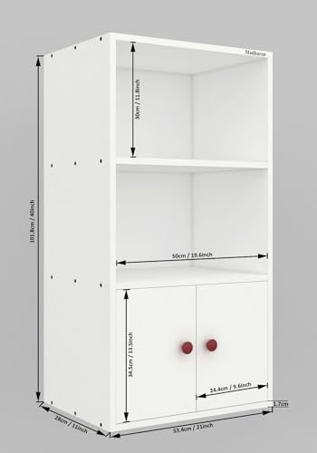 Image of Madhuran Rico Engineered Wood Free Standing Almirah 2 Door Bookcase Organizer (21x11x40 Inches White) Home Bedroom Living Room Office Cabinets Wardrobe Kitchen Clothes Storage