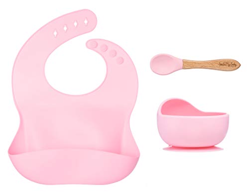 Baby Feeding Set Silicone Bib Wooden Spoon & Suction Bowl Newborn & Toddler No Mess Self Feeding Easy Clean Utensils Washable, Girls/Boys Shower & Baby Registry by Smile My Baby (Blush)