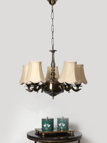 Image of Devansh 05 Lights Off-White Vintage Cotton Shade with Antique Golden Chandelier -L