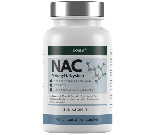 EXVital NAC Kapseln 600mg pro Kapsel 180 vegane Kapseln mit N-Acetyl-Cystein Hochdosiertes N-Acetyl-L-Cystein - Laborgeprüft & Ohne Zusatzstoffe
