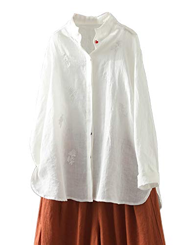 Minibee Women's Long Sleeve Blouses Standing Collar Shirt Embroidery Cotton Linen Tunics White