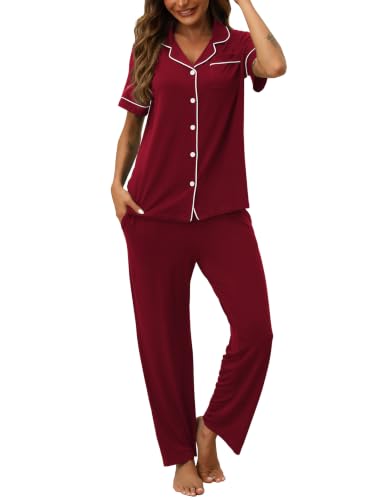 Image of HNG Women Pajamas Set 2 Piece Button Up Pajamas Pant and Short Sleeve Shirt for Woman Pj Sets with Pocket