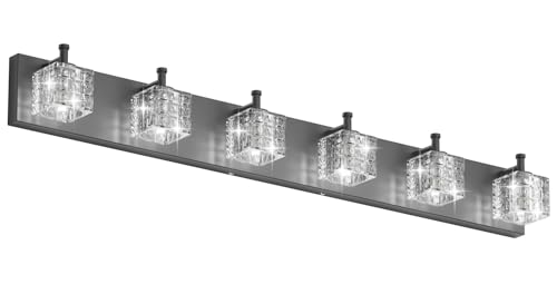 Image of Ralbay 6 Lights Black Bathroom Vanity Lights Crystal Modern LED Black Bathroom Vanity Lights Modern Crystal Vanity Light for Bathroom Lighting Over Mirror Matte Black