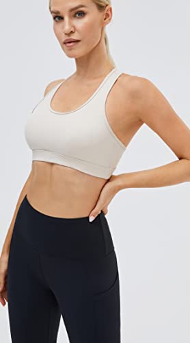 Image of Oalka Women's Racerback Sports Fitness Support Workout Running Bras Open Back Khaki Sand M