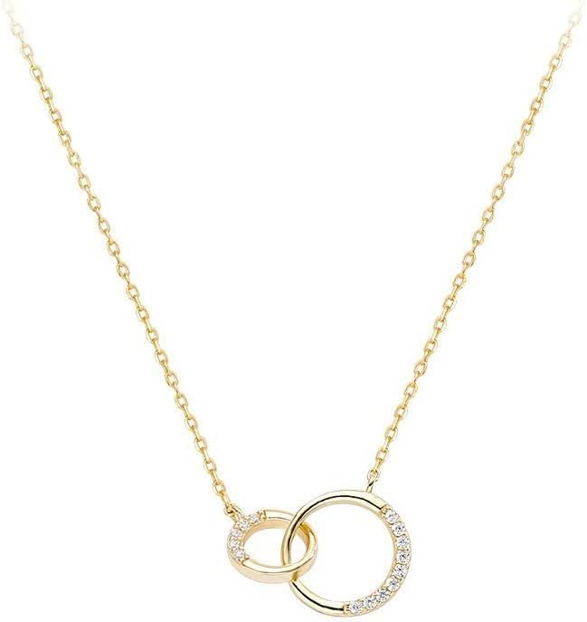 14K Gold Intertwined Circle Necklace, Double Moissanite Pendant, Beautiful Gift for Celebrations and Special Occasions