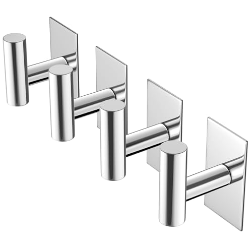 VAEHOLD Wall Towel Hooks, Heavy Duty Sticky Holder Waterproof Towel Hooks for Hanging Coat, Clothes, Closet Hook Wall Mount for Kitchen (Chrome, 4 Pack)