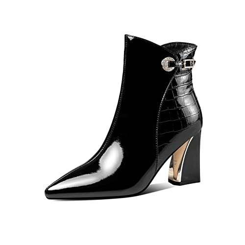 TinaCus Glossy Patent Leather Women's Handmade Chunky Heel Pointed Toe Side zip Up Ankle Booties with Exquisite Buckle Decor