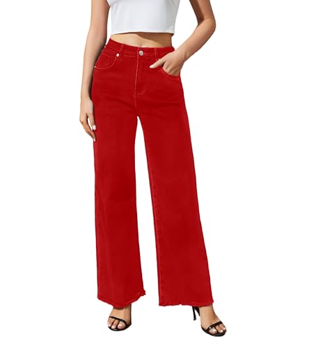 Guaile Womens Wide Leg Jeans High Waisted Strechy Jeans for Women Straight Raw Hem Loose Casual Denim Red Size 14