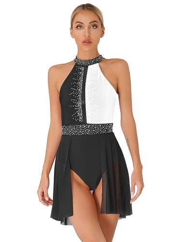 Kaerm Ballettkleid Damen Glitzer Strass Tanzkleid Latein Standard kostüm Neckholder Trikot Cut Out Leotard Mit Chiffon Rock Tanzkostüm Schwarz-Weiss...