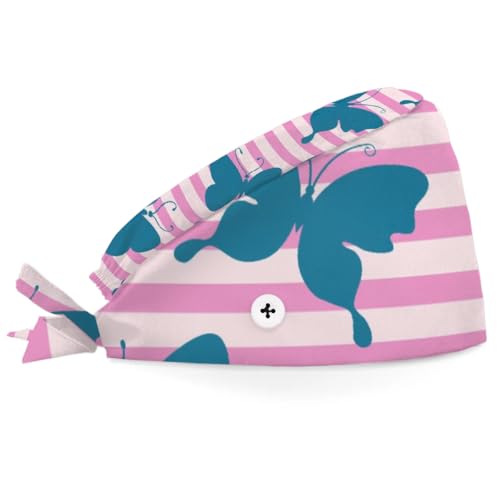 Mularoka Striped Butterfly Silhouettes Working Caps with Button Sweatband Comfortable Adjustable Bouffant Hats Work Hat for Women Men