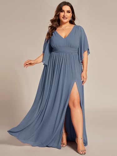 Image of Ever-Pretty Plus Women's Plus Size V Neck Half Sleeves Slit A Line Floor Length Bridesmaid Dress 01886-DA