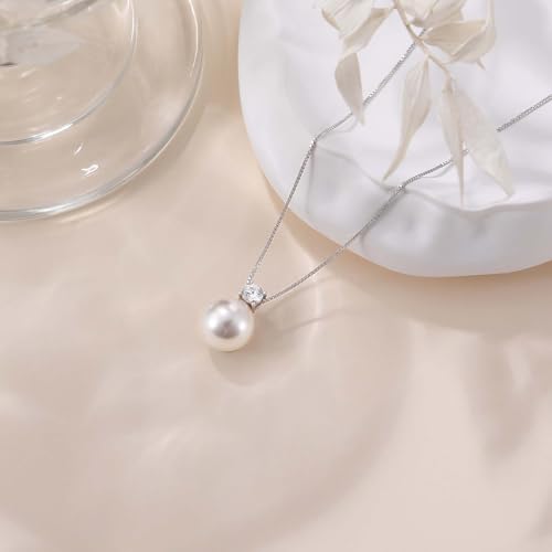 Mameloly Pearl Necklaces for Women Dainty 925 Sterling Silver Cubic Zirconia CZ 10MM Single Simulated White Pearl Pendant Necklace for Her Engagement Wedding Birdal2