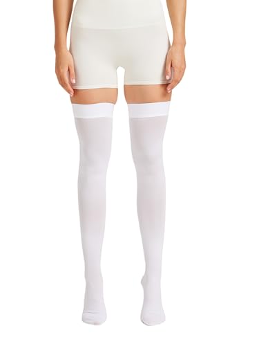 Image of NURCOM 15-20 mmHg Medical Compression Stockings with Dot Silicone Band, Closed Toe Thigh High Compression Socks for Women & Men, Graduated Support Stockings for Varicose Veins, Edema,White,Small