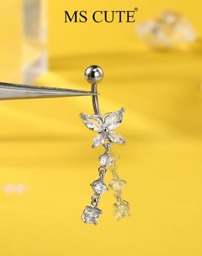 5PCS Belly Button Rings for Women 14G Dangle Navel Piercing Jewelry Set Surgical Stainless Steel Body Jewelry with CZ Butterfly Flower Teardrop Barbell for Beach Festival Daily4