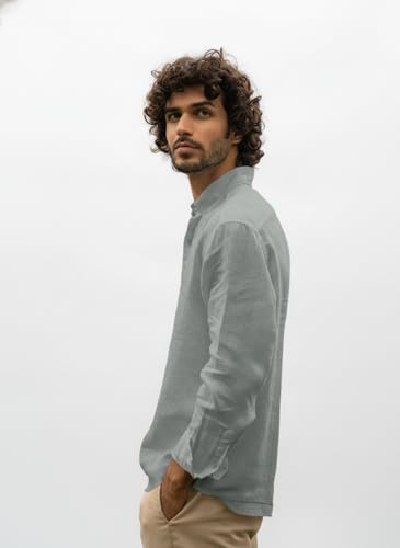 Image of Men's Linen Cotton Shirt | Solid Design | Full Sleeve | Regular Fit | Button Down Collar | Summer Casual & Formal Wear