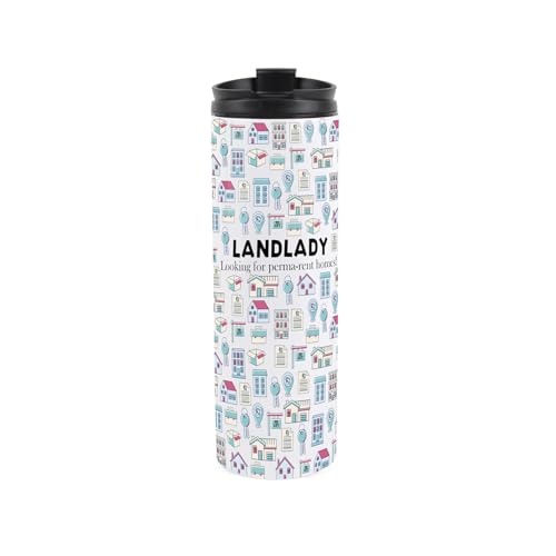 Landlady - Termo de viaje divertido y novedoso con temática de alquiler de casa para señoras de tierra, reutilizable, de acero inoxidable sellado al vacío, de doble pared, 500 ml con tapa