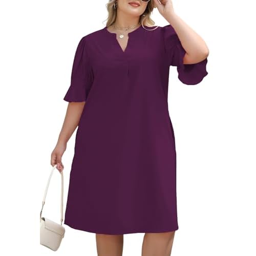 Celkuser Plus Size Summer Casual Shift Dress for Curvy Women V Neck Ruffled Sleeves Loose Shirt Dresses with Pockets 2025 14 Plus Purple