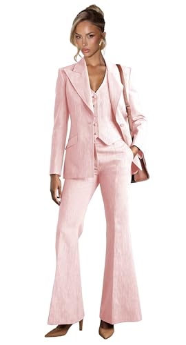 Denim Suits for Women 3 Piece Set V Neck Blazer 1 Button Top Womens Suit Casual Wide Leg Pant Suits for Women Dressy