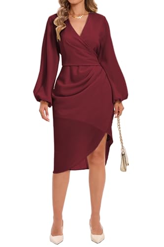 Image of Women's Wrap V Neck Asymmetrical Hem Midi Ruched Cocktail Evening Dress | Back Zipper, Regular Fit, Club Night, Semi Office Formal, Wedding Dinner Date, Flutter Short Sleeve, High Low Irregular Hem