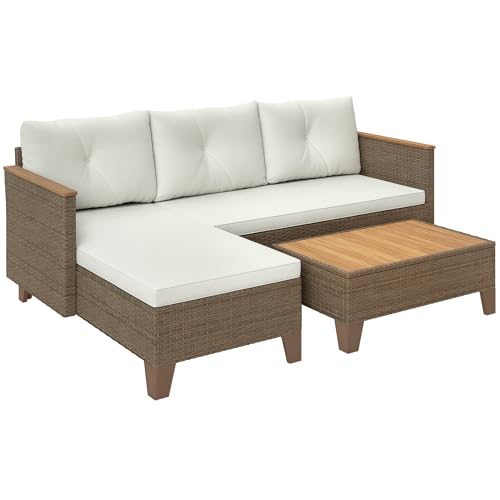 Outsunny Set di Mobili da Giardino in Rattan 3 Pezzi, Salotto da Esterno con Divano a 2 Posti, Chaise Longue, Tavolino da Caffè in Vetro e Cuscini Lavabili, Struttura in Acciaio, Cachi/Crema