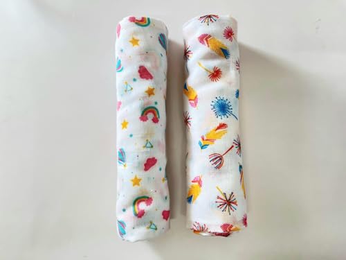 Image of Swaddle for Babies -100% Muslin Cotton Soft Swaddle /Blanket /Multipurpose Wrap for New Born Baby Girl & Boy | Perfect for Gifting | 100x100 cm | 0-6 Months, Set of 2, (Rainbow & Feather Print)