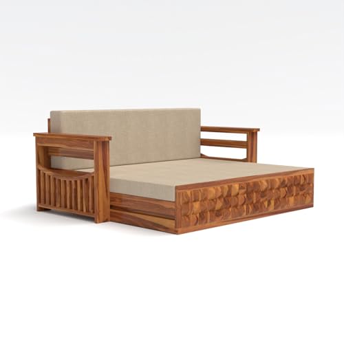 Image of Kunjal Furniture Solid Sheesham Wood Sofa Cum Bed with Storage for Living Room | Natural Finish | 3-Seater Convertible Sofa Bed | Handmade Wooden Furniture (Natural, Diamond)