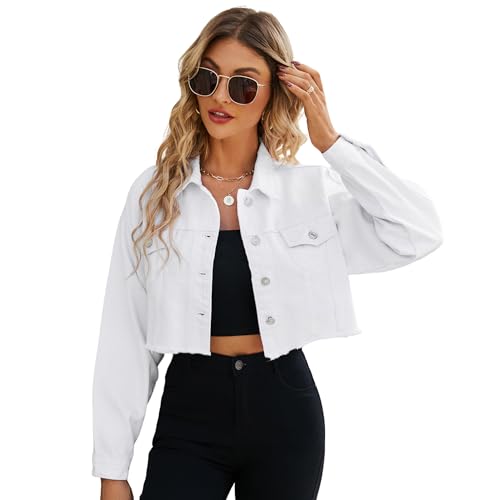 LONGYIDA Women's Cropped Denim Jacket | Distressed Button-Down Jean Jacket | Long Sleeve Ripped & Frayed Blue Coat