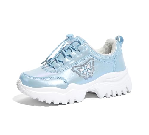 LUCKY STEP Kids Chunky Sneakers Fashion Platform Walking Tennis Shoe Sparkly Butterfly Faux Leather Elastic No-tie Laces School Shoes for Girls Boys