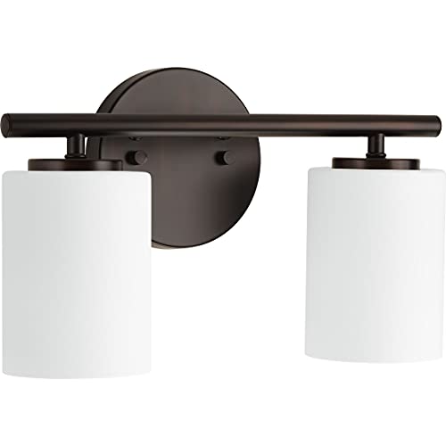 Image of Progress Lighting Replay Collection 2 Light Bathroom Vanity Light, Modern Bath Lighting Fixture with Etched White Glass Shades for Over The Mirror, Reversible Mounting, Antique Bronze