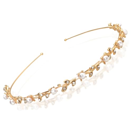 Cheyne Braut Hochzeit Haarreif, Gold Diadem Glänzende Hochzeits Haarschmuck Damen Strass Tiara Elegant Perlen Stirnband Kristall Blatt Haarband...