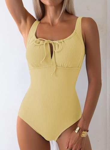 Image of Aleumdr Womens Textured One Piece Swimsuit Tummy Control Bathing Suit Tie Knot Cutout Swimwear