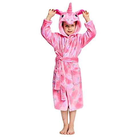 Newcosplay Unisex Kids Animals Plush Soft Unicorn Hooded Bathrobe (Pink Stars, 5-7 Years) Cover