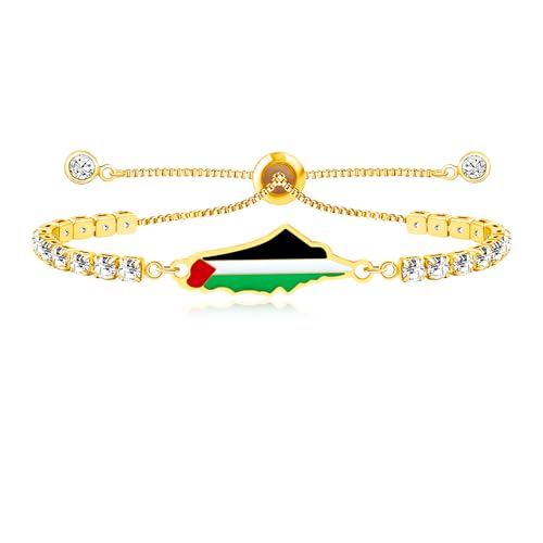 Oneress Stainless Steel Ethnic Pakistani Bracelet | Social Justice Anti-Oppression Traditional Charm Bracelet | Adjustable Tennis Chain Islamic Cultural Gaza Art Zircon Bangles YA5210-Gold