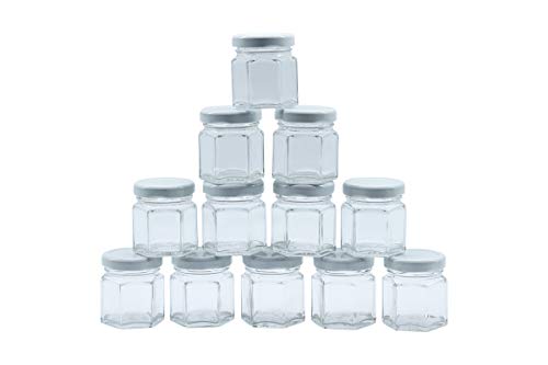 Image of Cute Hexagonal 50 Grams Airtight Glass Jar Containers for Honey, Spices & Other Kitchen Items with Rust Proof White Color Caps -Set of 12