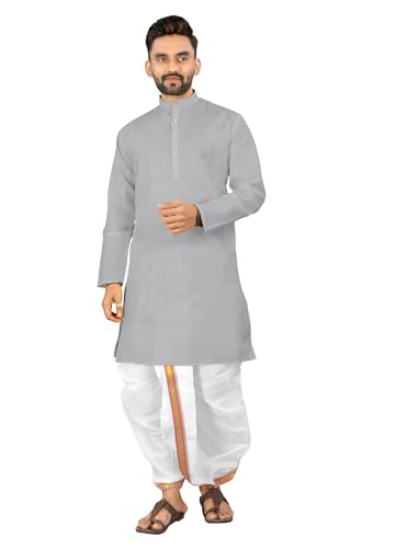 Image of UNIQUE MOMENTS Men's Cotton Dhoti Kurta Set with Full Sleeves Solid Pattern Modern Style and Mandarin Collar Neck | Perfect for Puja & Celebrations