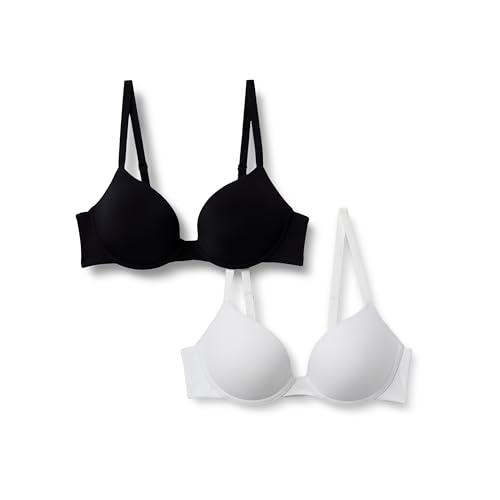 Amazon Essentials Reggiseno Push-Up con Scollo Profondo Foderato in Microfibra Donna, Pacco da 2, Bianco/Nero, 3D
