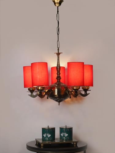Image of Devansh 05 Lights Red Round Cotton Shade with Antique Golden Chandelier
