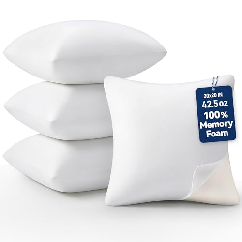 Image of AM AEROMAX 20 x 20 Throw Pillow (Pack of 4) Memory Foam Pillow Insert - Square Accent Pillow for Decorative Cushion Bed Couch Sofa - Non-Deforming Over Time
