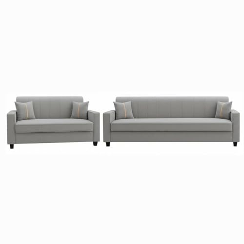 Image of FURNY Cosmos 5 Seater Fabric 3+2 Sofa Set (Light Grey Color) Premium Velvet Finish | Durable Comfort | Ideal for Living Room