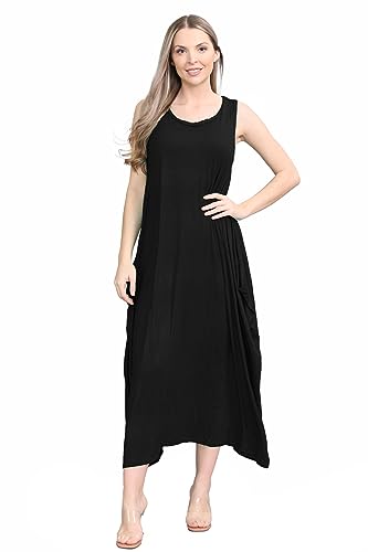 janisramone® Womens Parachute Italian Lagenlook Midi Dress, Sleeveless Round Neck Stretchy Tulip Dress, Plain Long Summer Dresses for Women UK, Casual & Holiday Ladies Midi Dresses Black