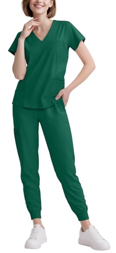Eadflie Scrubs for Women Set - 8-Pocket V-Neck Scrub Uniform, Stretch Jogger Pants, Medical Workwear for Nurses, Pet Care (Hunter Green/M)