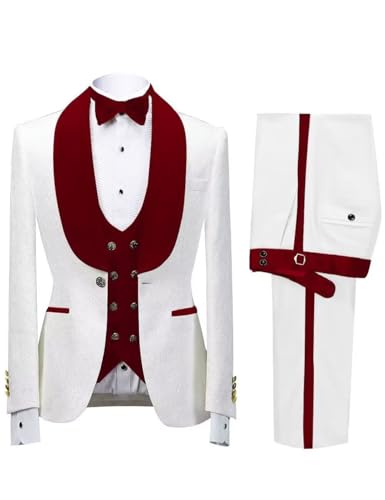 Men's 3 Piece Suit Slim Fit Floral Jacquard Tuxedo Velvet Suits Dark Red