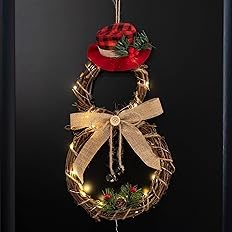 GloBrite Snowman Christmas Wreath with 30 LED Lights | Rattan Wreath | Christmas Door Decorations | Door Wreath for Wall Decor, Christmas Decorations